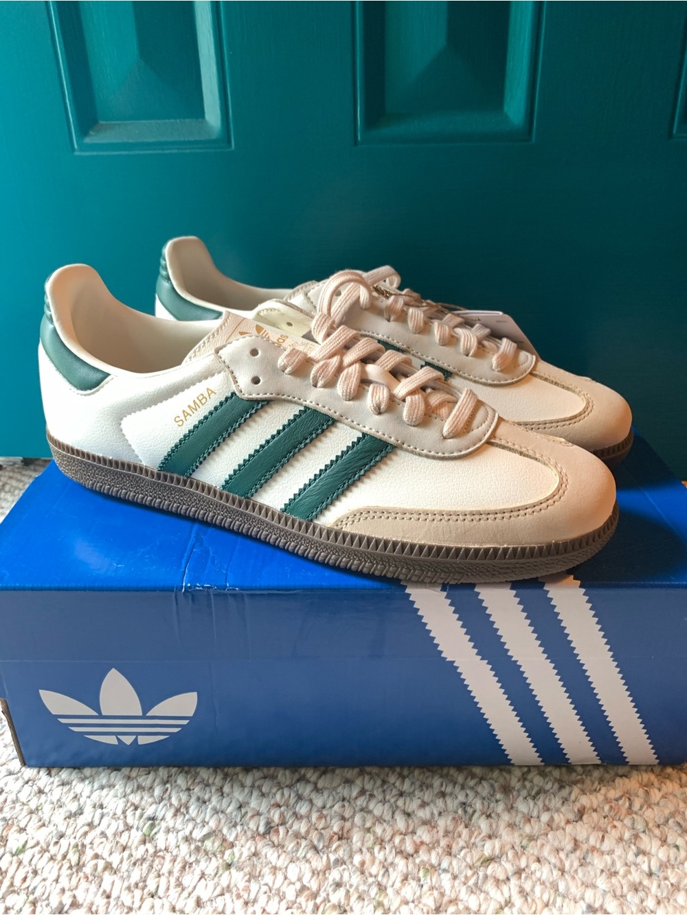 adidas Originals Samba Sneakers in White and Green with Brown Sole BNWT